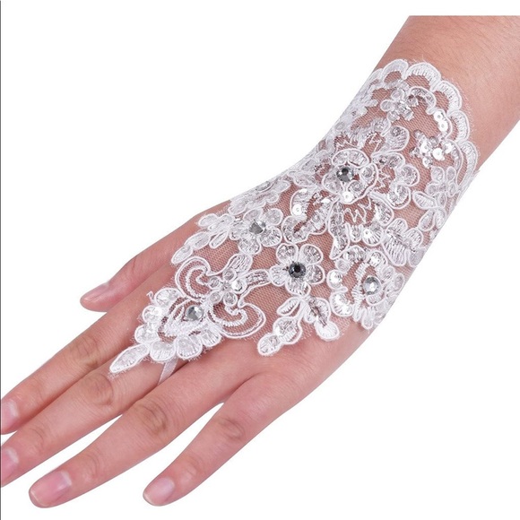 White Lace Gloves, Beaded Crochet Wedding Accessories , Bride Fingerless Gloves - Picture 9 of 11